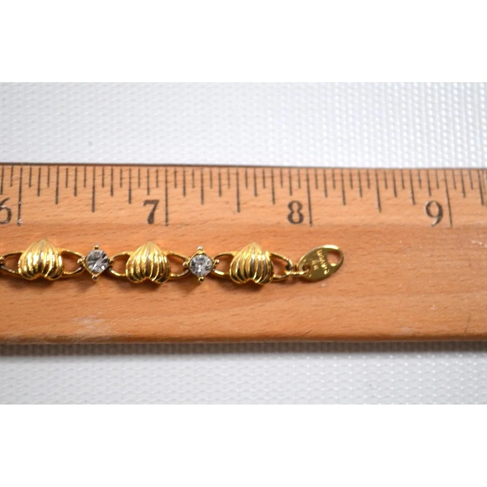 Vtg Avon Gold Tone Bracelet Textured Ridged Hearts Clear Rhinestone Crystals 8